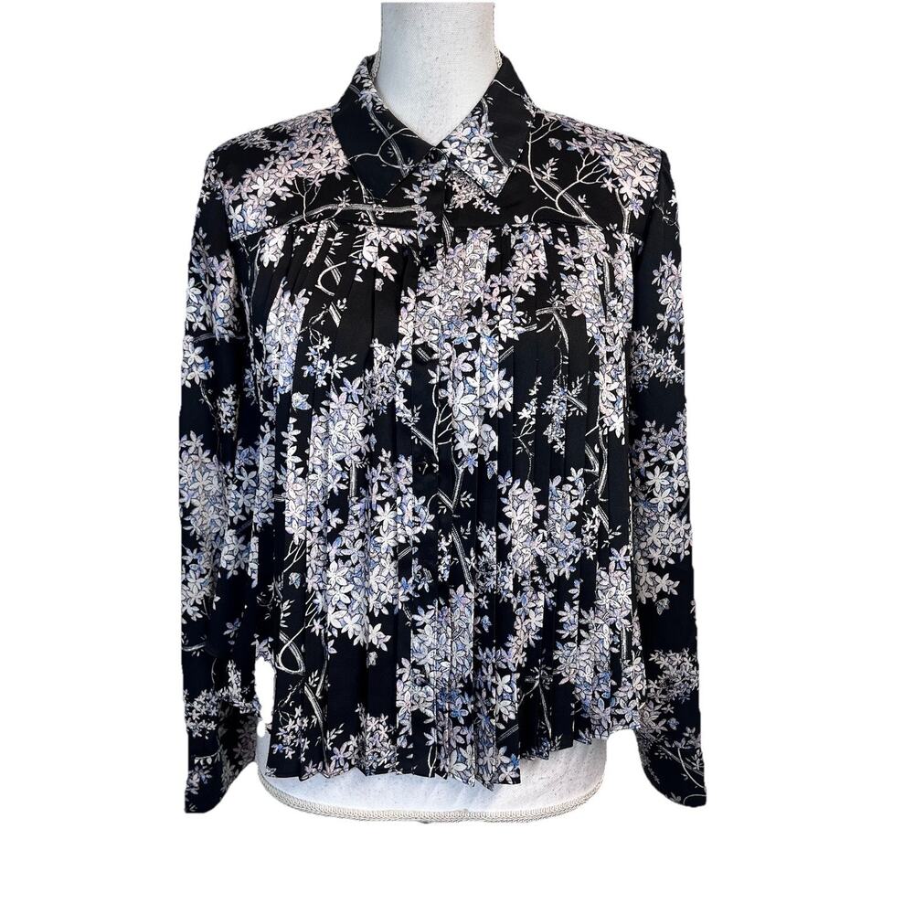 Cinq a Sept Blouse sz Large Black Blue Pink Floral Pleated Peasant Career Modest